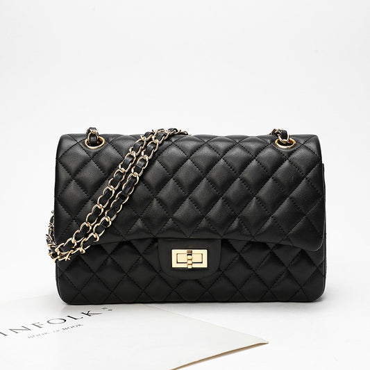 Bolso de Cuero Negro con Cadena de Diamantes para Mujer