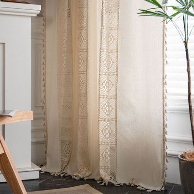 Beige crochet and plaid stitching short curtain with tassels, made from polyester cotton, hanging in a cozy room. - Image 12