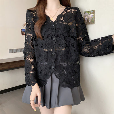Blusa Larga de Encaje Calado con Mangas Largas para Mujer - Image 16