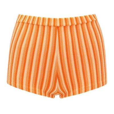 Orange and light orange striped bikini bottom with a ribbed texture and elastic waistband, ideal for beach vacations. - Image 8
