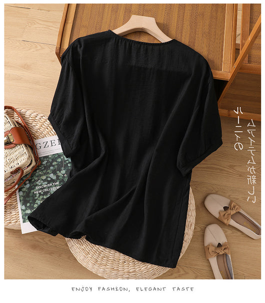 Blusa Suelta de Algodón y Lino con Escote V y Manga Corta para Mujer - Image 49