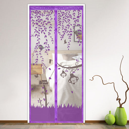 Purple magnetic mosquito curtain with a playful design featuring monkeys, birds, and leaves, installed in a doorway. - Image 7