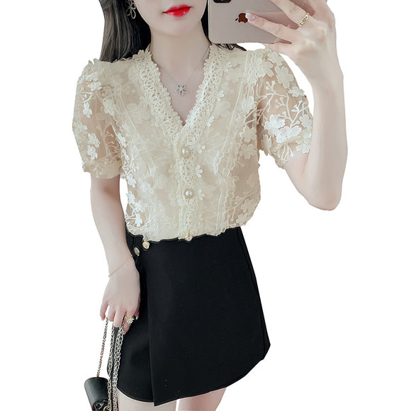 Blusa de Encaje con Flores 3D y Cuello V
