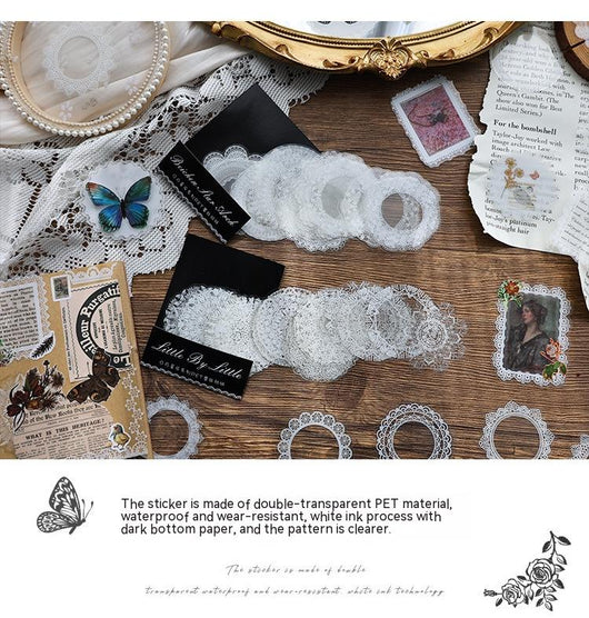 Set of 15 white lace-patterned circular stickers with intricate designs, labeled "North Star Arch" and "30 sheets." - Image 18