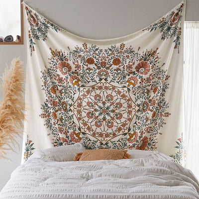 White bohemian retro tapestry with a central coral, teal, and brown floral mandala print and corner accents. - Image 7