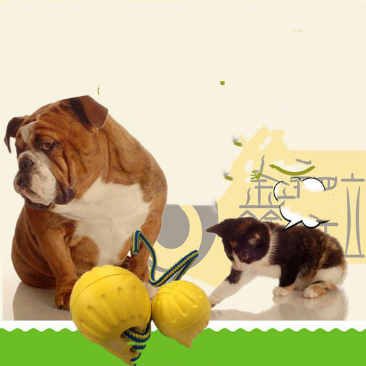 Yellow EVA pet training ball with a blue and yellow braided rope, suitable for dog play and training. - Image 11