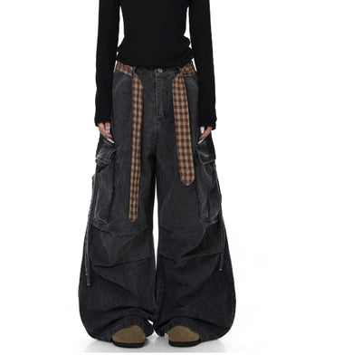 Pantalones Rectos Anchos a Cuadros con Cinturón y Detalles Desgastados - Image 7