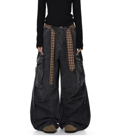 Pantalones Rectos Anchos a Cuadros con Cinturón y Detalles Desgastados - Image 7
