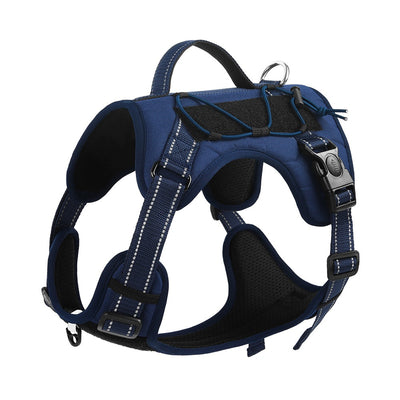 Purple pet harness with reflective straps, a top handle, and a metal D-ring for leash attachment. - Image 8