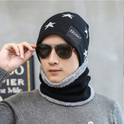 Brown knitted beanie with white five-pointed stars and a matching fleece-lined neck warmer on a man. - Image 19