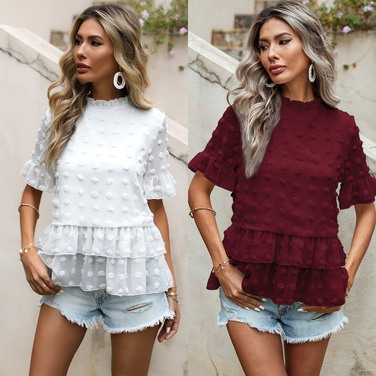 Blusa de Chifón Cascada con Hoja de Loto de Manga Corta - Estilo Europeo y Americano - Image 9