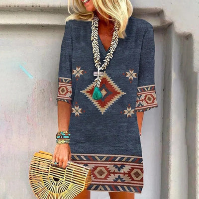 Vestido Suelto Estampado con Escote en V y Manga Corta para Mujer - Image 6