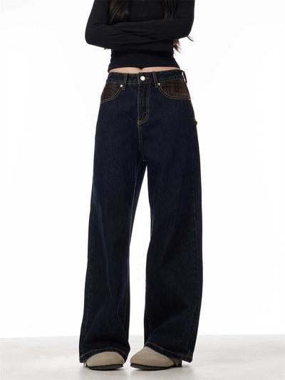Jeans Retro Patchwork Cuadros Azules para Mujer Corte Recto y Holgado - Image 13