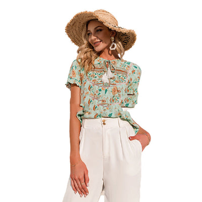 Blusa Casual para Mujer con Encaje Estampado y Flecos - Image 7