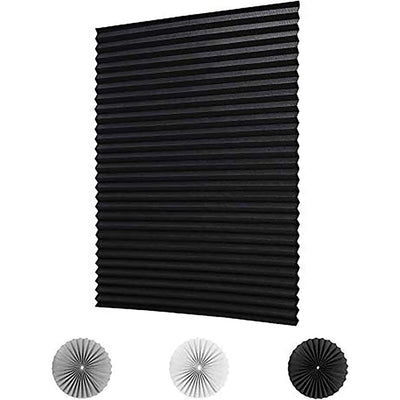 Gray pleated self-adhesive window shade with swatches for white, gray, and black color options. - Image 6