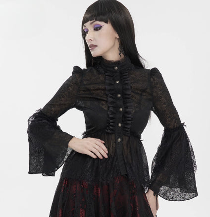 Camisa Punk Cuello Alto Ajustada con Mangas Acampanadas y Cintura Marcada
