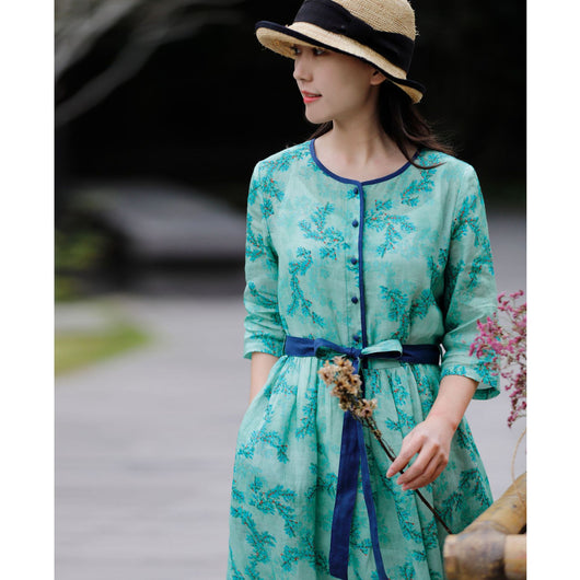 Vestido de Lino y Algodón Floral Estilo Verano con Cinturón Contraste - Image 2