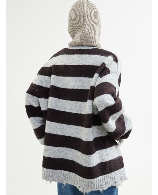 Cardigan Rayado Gris Café en Mezcla de Mohair y Lana - Image 11