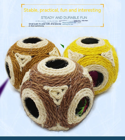 Two sisal cat toys, one pink and natural, one orange and natural, with multiple holes and feathers inside. - Image 4