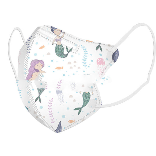 White children's 3D protective mask with a cartoon pattern of pink bears, blue cats, and trees, featuring ear loops. - Image 38