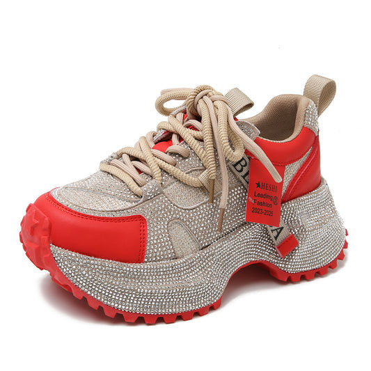 Tenis Deportivos Brillantes con Lentejuelas, Diseño Plateado y Rojo con Cristales