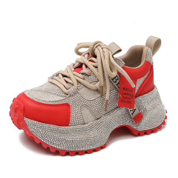 Tenis Deportivos Brillantes con Lentejuelas, Diseño Plateado y Rojo con Cristales