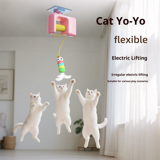 Electric pet cat toy with a blue hanging mechanism, yellow yo-yo string, and a colorful feathered lure.
