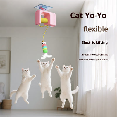 Electric pet cat toy with a blue hanging mechanism, yellow yo-yo string, and a colorful feathered lure.