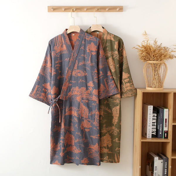 Bata Kimono Larga de Gasa de Algodón para Hombre