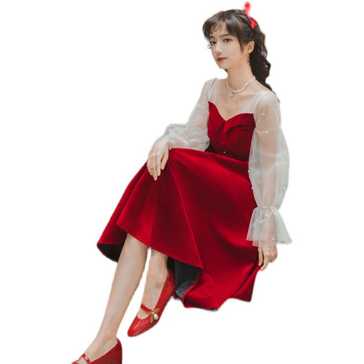 Vestido de Terciopelo Rojo Manga Larga para Compromisos y Eventos - Image 12