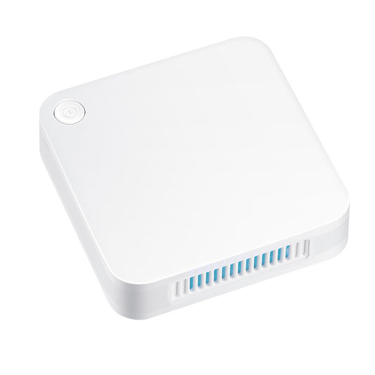 White square household car sterilizer purifier with a power button and blue-lit ventilation slots.