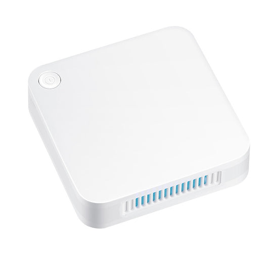 White square household car sterilizer purifier with a power button and blue-lit ventilation slots.