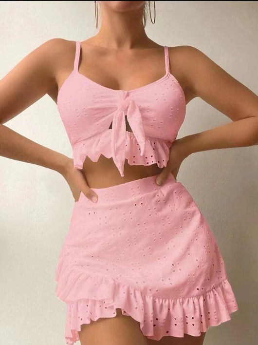 Light blue eyelet two-piece swimsuit set with a tie-front crop top and a matching ruffle-trim hip-hugging skirt. - Image 30