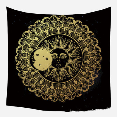 Golden crescent moon and woman silhouette tapestry with a floral crown against a dark blue starry background. - Image 31