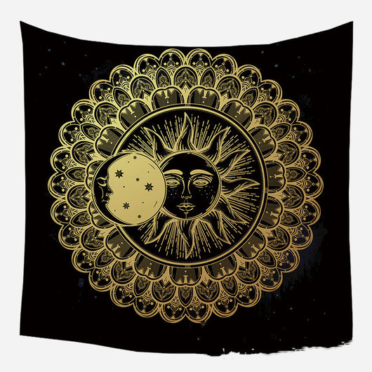 Golden crescent moon and woman silhouette tapestry with a floral crown against a dark blue starry background. - Image 31