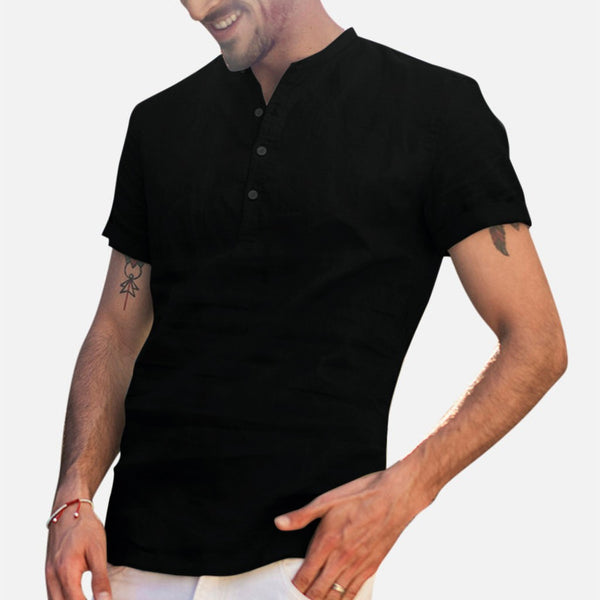 Camisa de Cuello Parado en Algodón y Lino de Manga Corta - Image 12