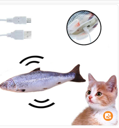 Realistic plush fish cat toy with yellow and brown scales, black fins, and a white USB charging cable. - Image 6