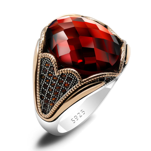 Anillo de Plata 925 con Circón Rojo y Baño de Oro Rosado para Hombre