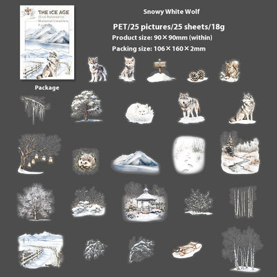 A set of 25 PET stickers featuring winter landscapes, ice castles, deer, wolves, and an ice queen in a snowy fantasy theme. - Image 11