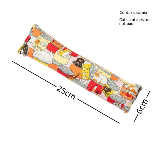 Dark blue catnip pillow toy with white cat, fish, and paw print patterns, measuring 25cm long. - Image 13