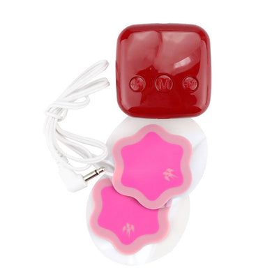 Red square TENS unit with gold bird logo, white cable, and two pink flower-shaped electrode pads for pain relief. - Image 9