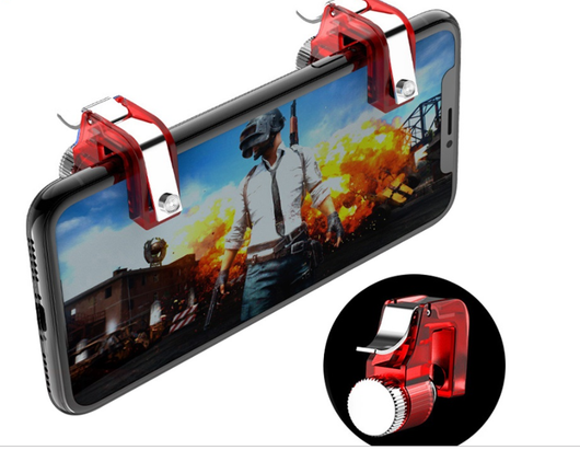 Black mobile gaming controller with a smartphone inserted, alongside a pair of transparent fast-shooting trigger buttons. - Image 4