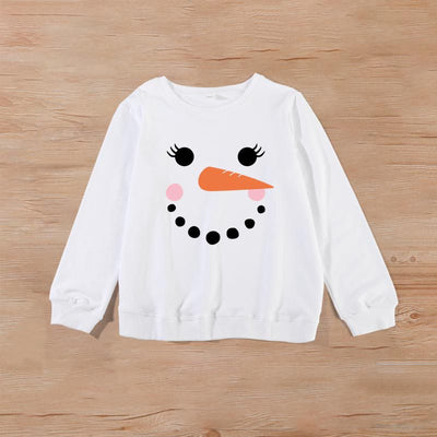 Family matching white long-sleeve crew neck tops with a cute snowman face print, featuring black eyes, an orange carrot nose, and a dotted smile. One adult top - Image 31