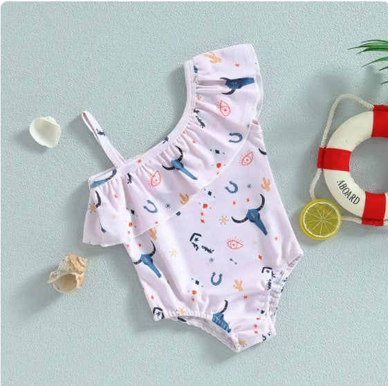 Traje de Baño Niña con Estampa Cabeza de Toro y Tirante Único