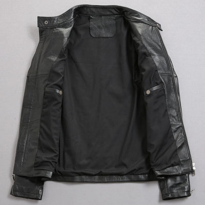 Chaqueta de Cuero con Cuello de Pie Efecto Desgastado para Hombre - Image 4