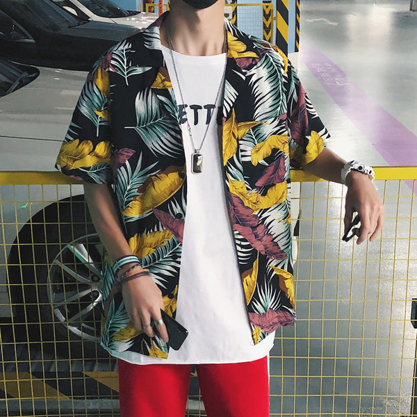Camisa de Playa Hip Hop con Estampado de Hojas