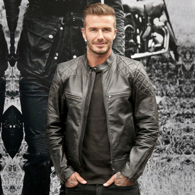 Chaqueta de Cuero con Cuello de Pie Efecto Desgastado para Hombre