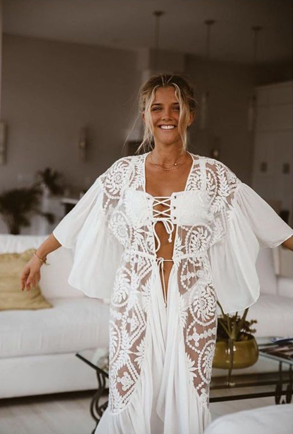 Túnica Playera Tejida en Crochet Blanco - Pareo Largo Elegante para Playa - Image 13