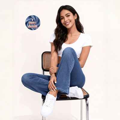 Pantalón Retro Azul Acampanado Tiro Bajo Efecto Denim - Image 17