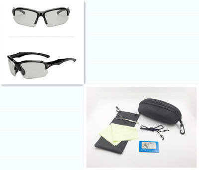 Black sports sunglasses with blue polarized lenses, shown from a front view and a three-quarter side view. - Image 28
